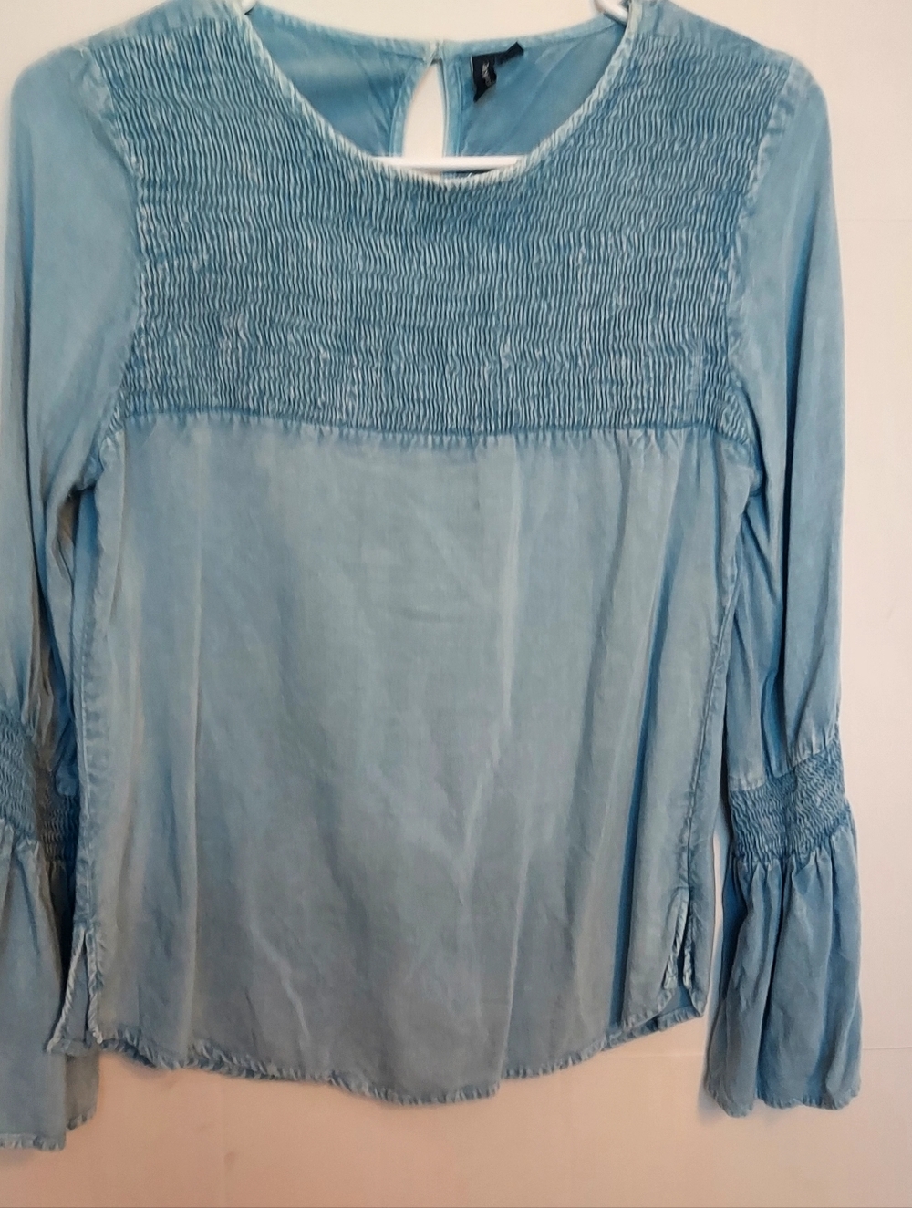 D&Kade Light Blue Smocked Yoke Women's Top Size M Rayon Boho Cottage Core